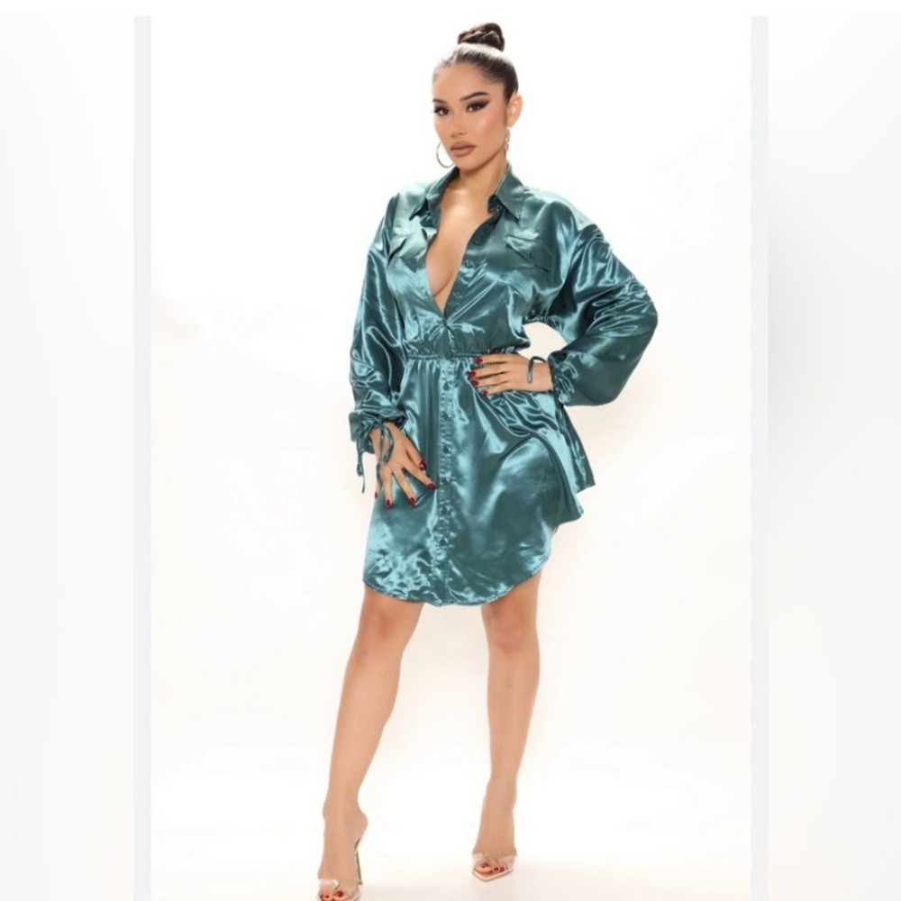 Fashion Nova Teal Satin Shirt Dress Size S